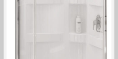 Made In Canada 🇨🇦 MAAX Charlotte 34-in W x 34-in L x 76-in H White Acrylic 4-Shelf Low Threshold Corner Shower Kit - Clear Glass