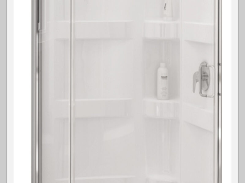 Made In Canada 🇨🇦 MAAX Charlotte 34-in W x 34-in L x 76-in H White Acrylic 4-Shelf Low Threshold Corner Shower Kit - Clear Glass